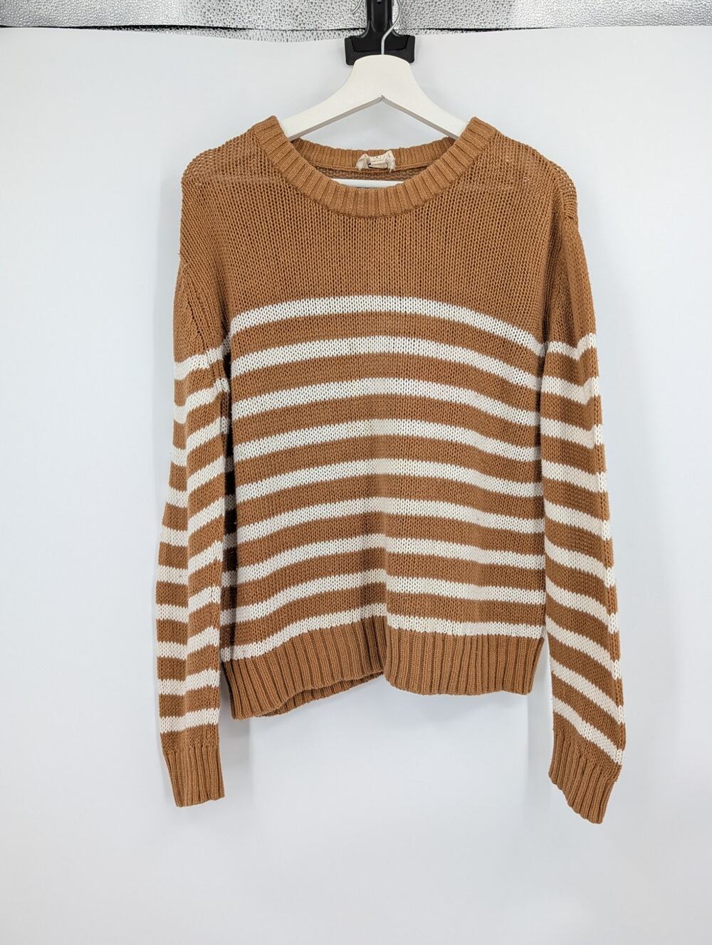 Pact Organic Cotton Striped Lightweight Sweater Camel Brown White Crew Neck Soft